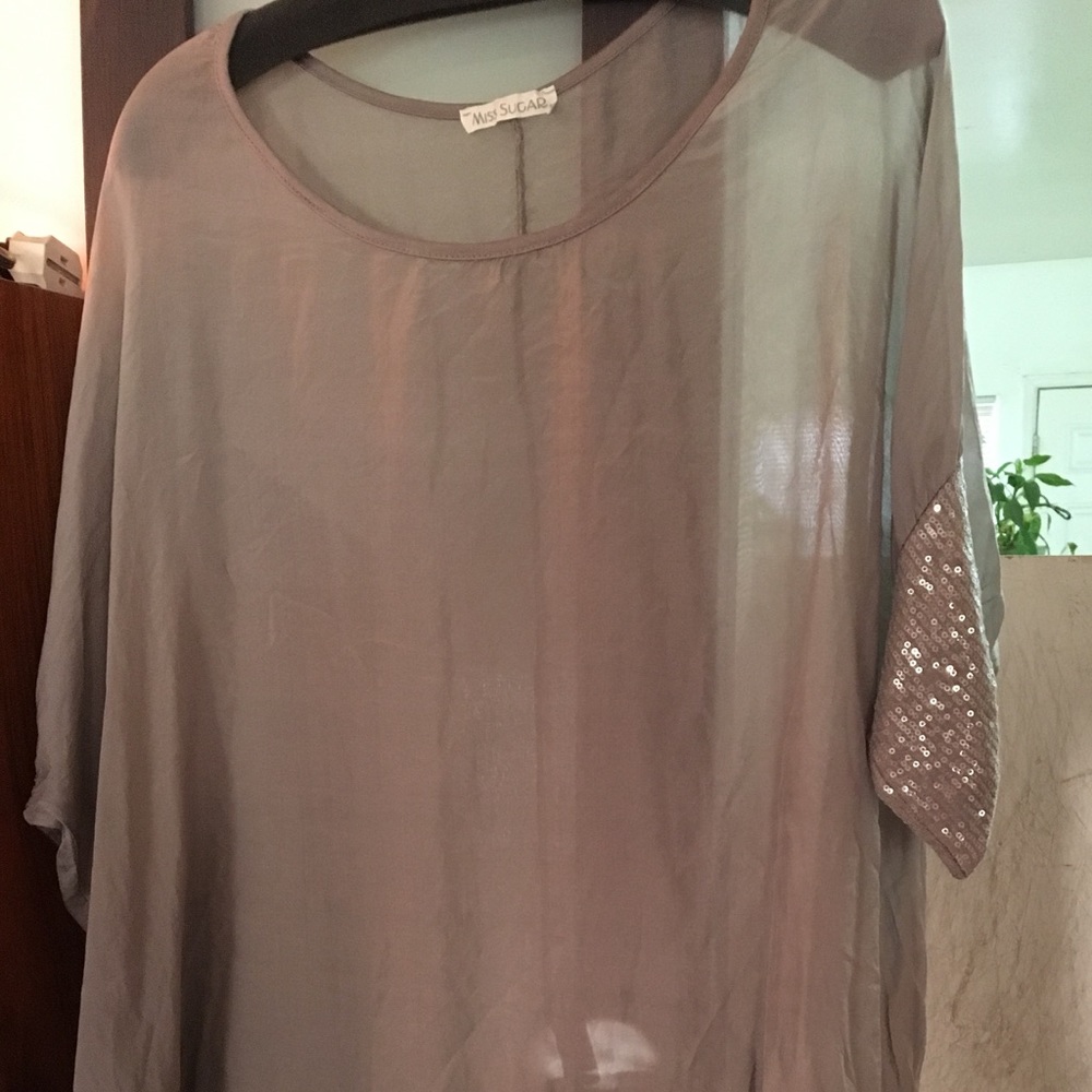 Oversized 100% silk sheer silver top with sequins.